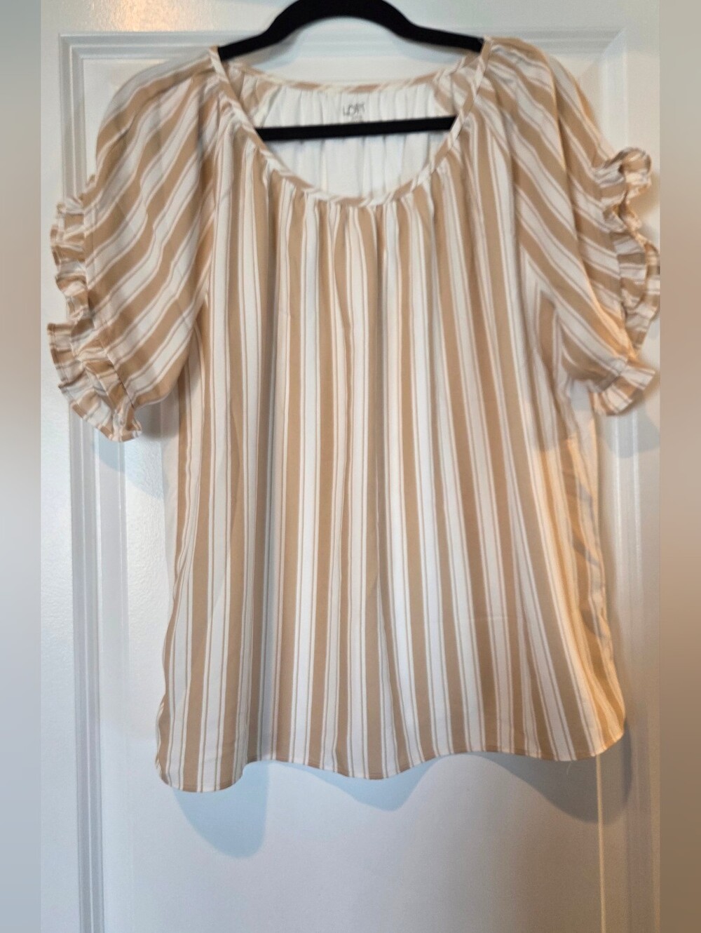 LOFT Cream and Light Tan Striped Short Ruffle Sleeve Blouse